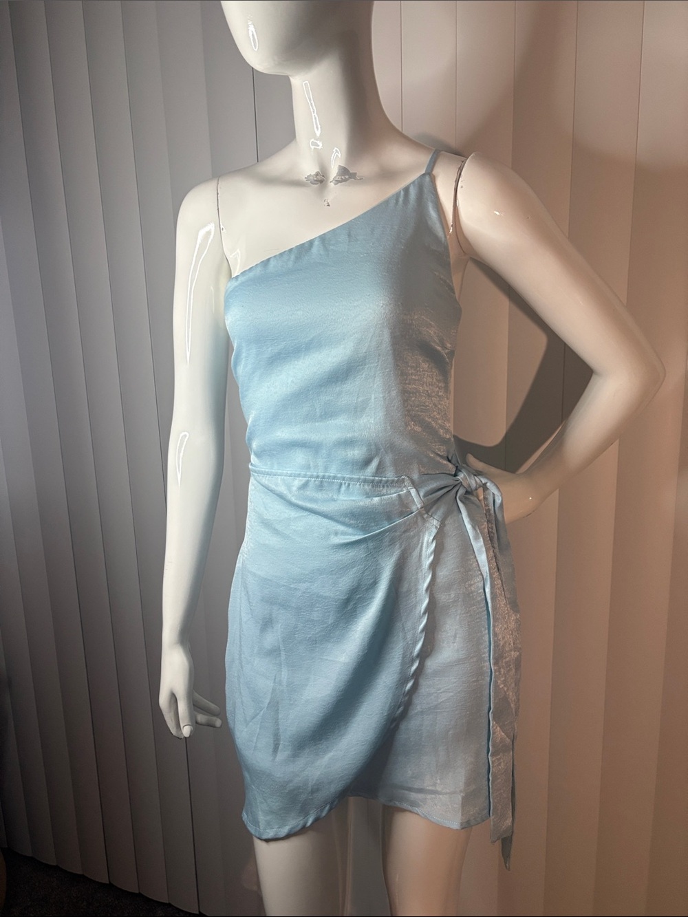 Lucy In The Sky Santorini One-Shoulder Wrap Mini Dress - Dusty Blue XS